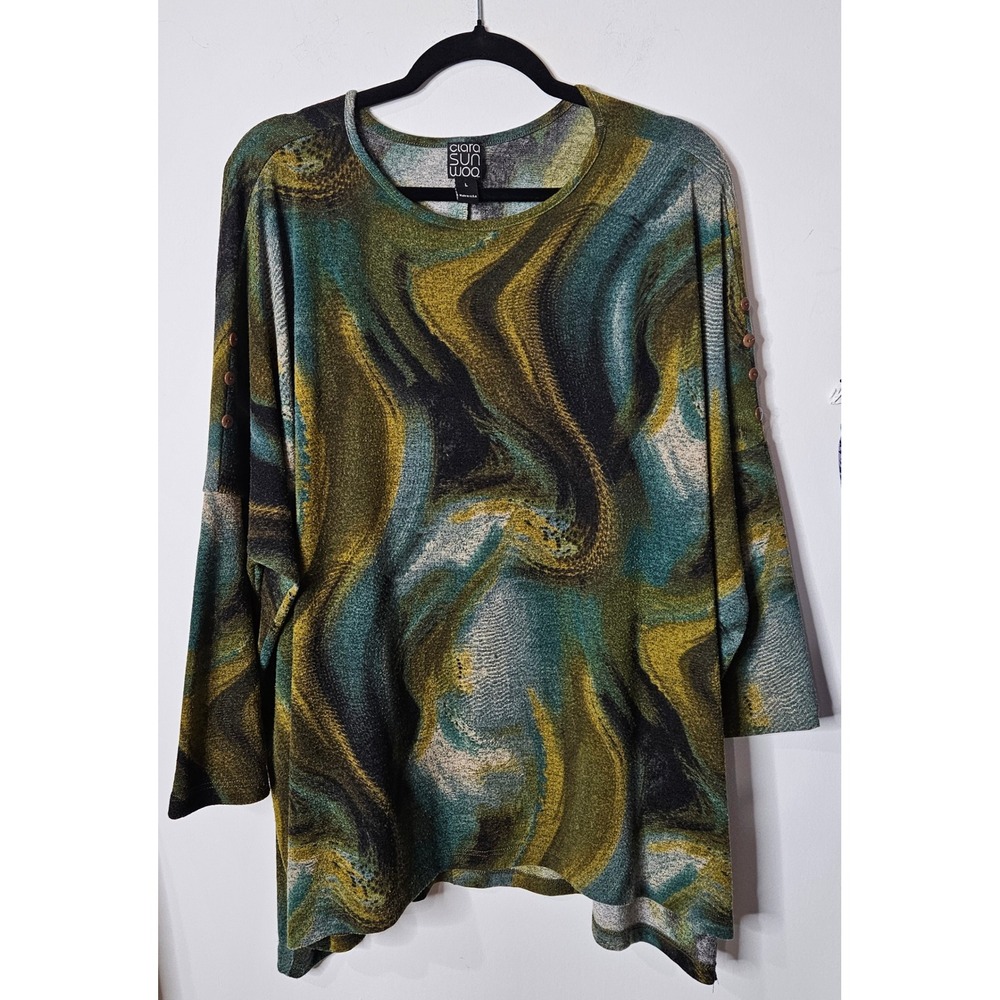 Clara Sunwoo Women Large Abstract Marble Swirl Tunic Top Green Artsy 3/4 Sleeve